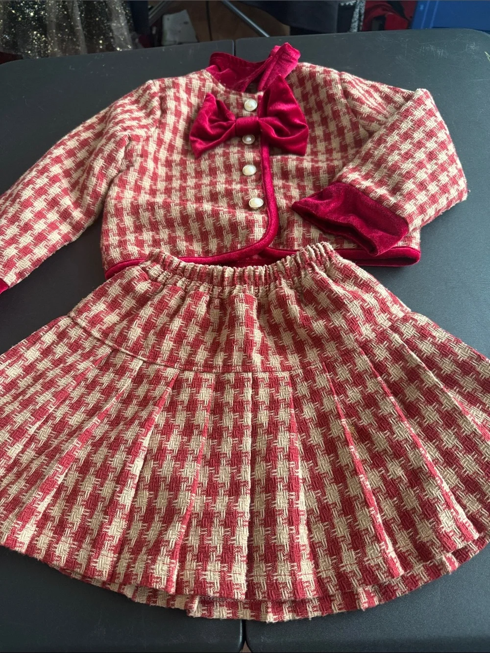 Red and Cream Houndstooth Velvet-Trim Skirt Set